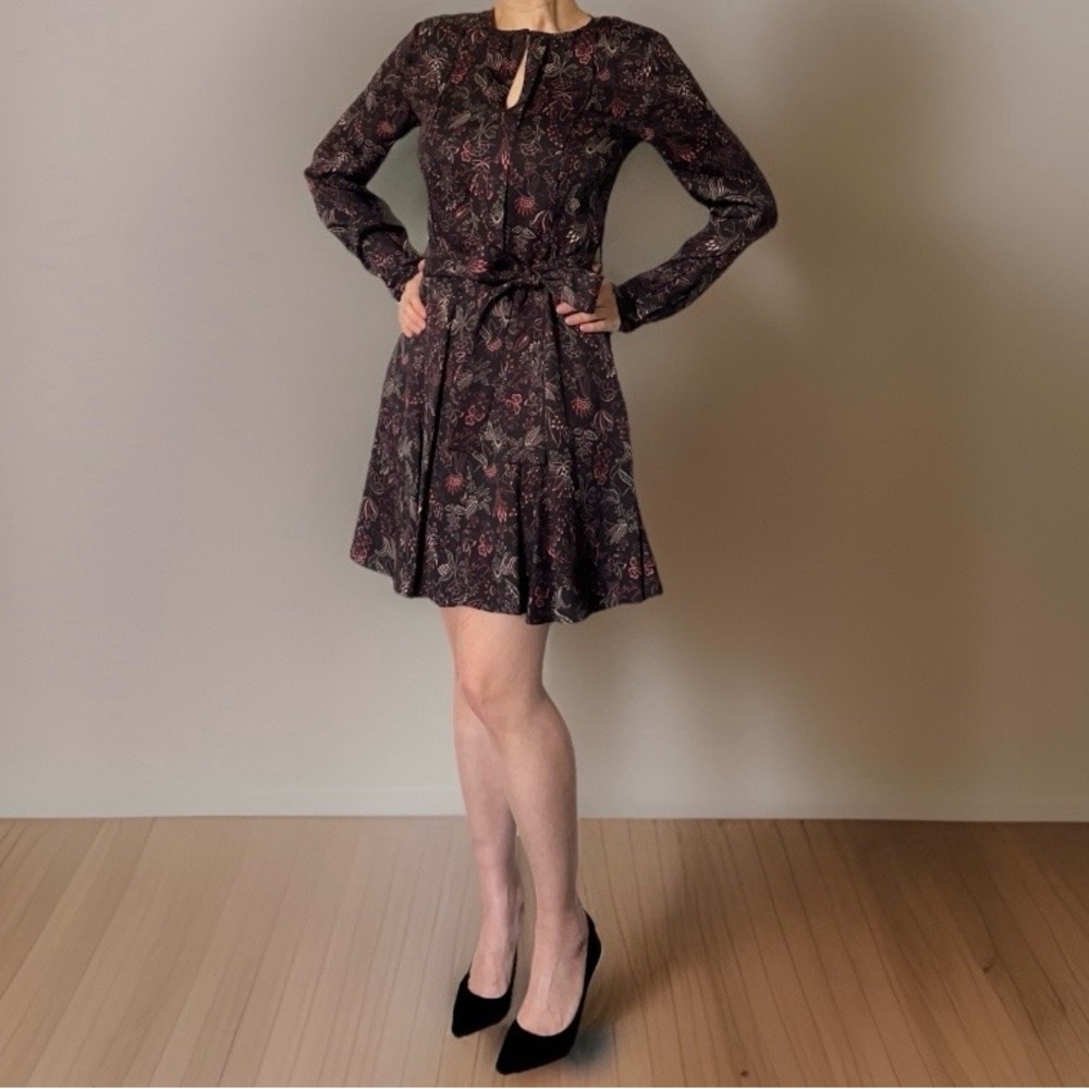 Reiss Burgundy Plum Floral Long Sleeve Belted Flare Dress Size 2